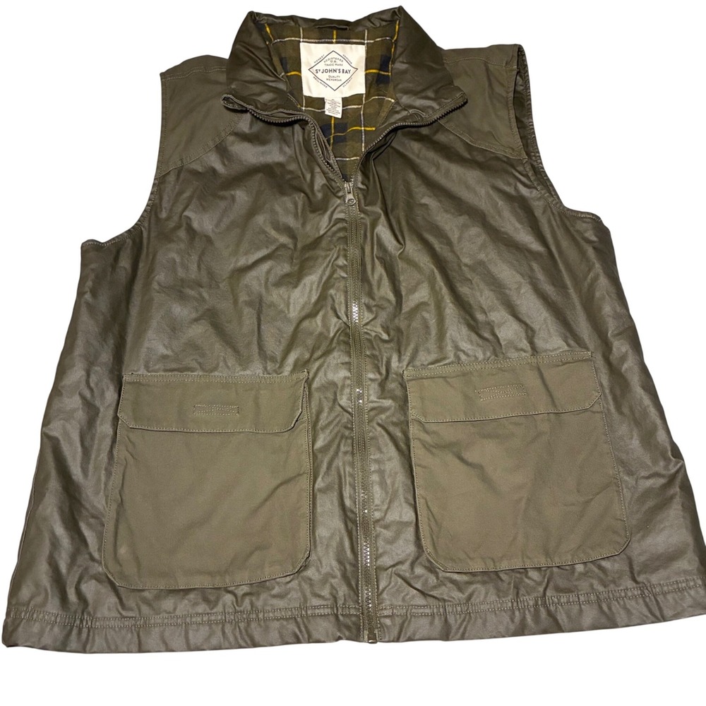 St John's Bay Mens XL Olive Utility layering Vest Full Zip‎ Plaid Lined cotton